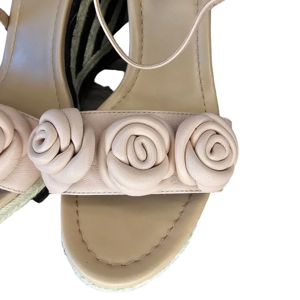 Kate Spade Jill Pink Puff Leather‎ Rosette Black White Woven Raffia Wedges Sz 10